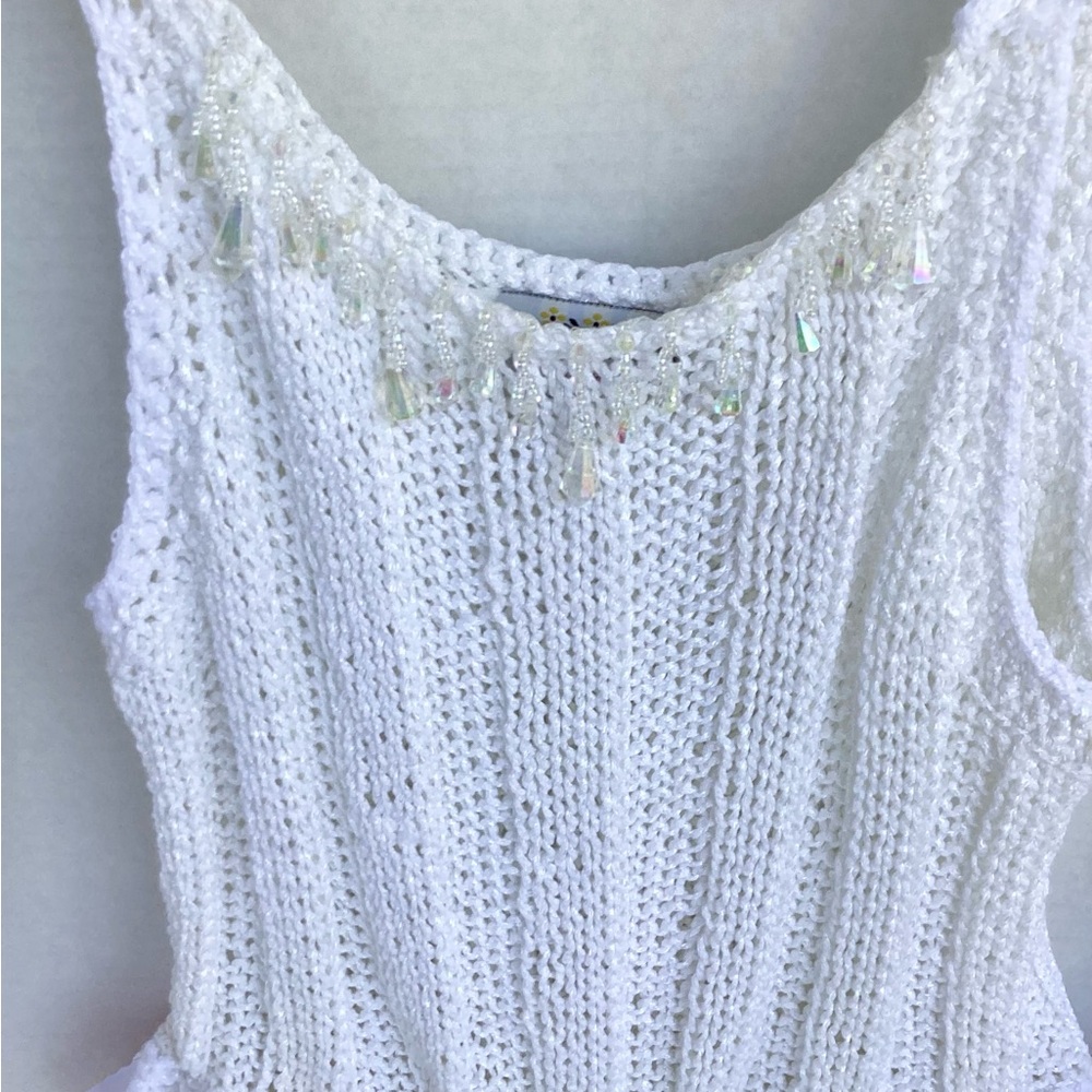 Crop Top Hand Crafted Crochet Halter White Ribbed Tank Boho Ruffle Crystals - Picture 7 of 16